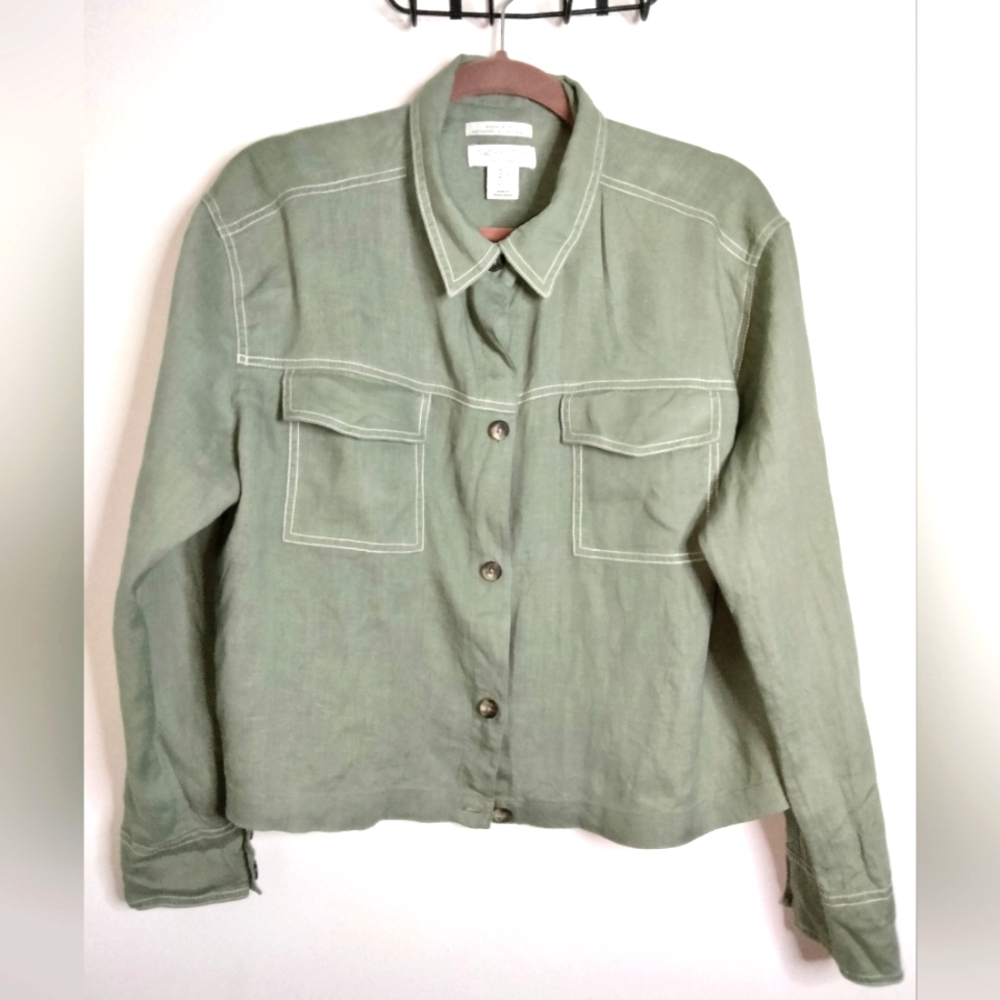 Rachel Zoe (Size L) Olive Green European Grown Flax 100% Linen Button LS Jacket
